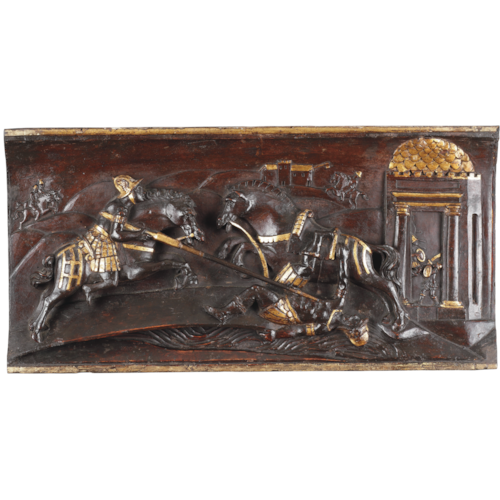 A Set of Four Tuscan Carved Wood and Parcel Gilt Equestrian Reliefs